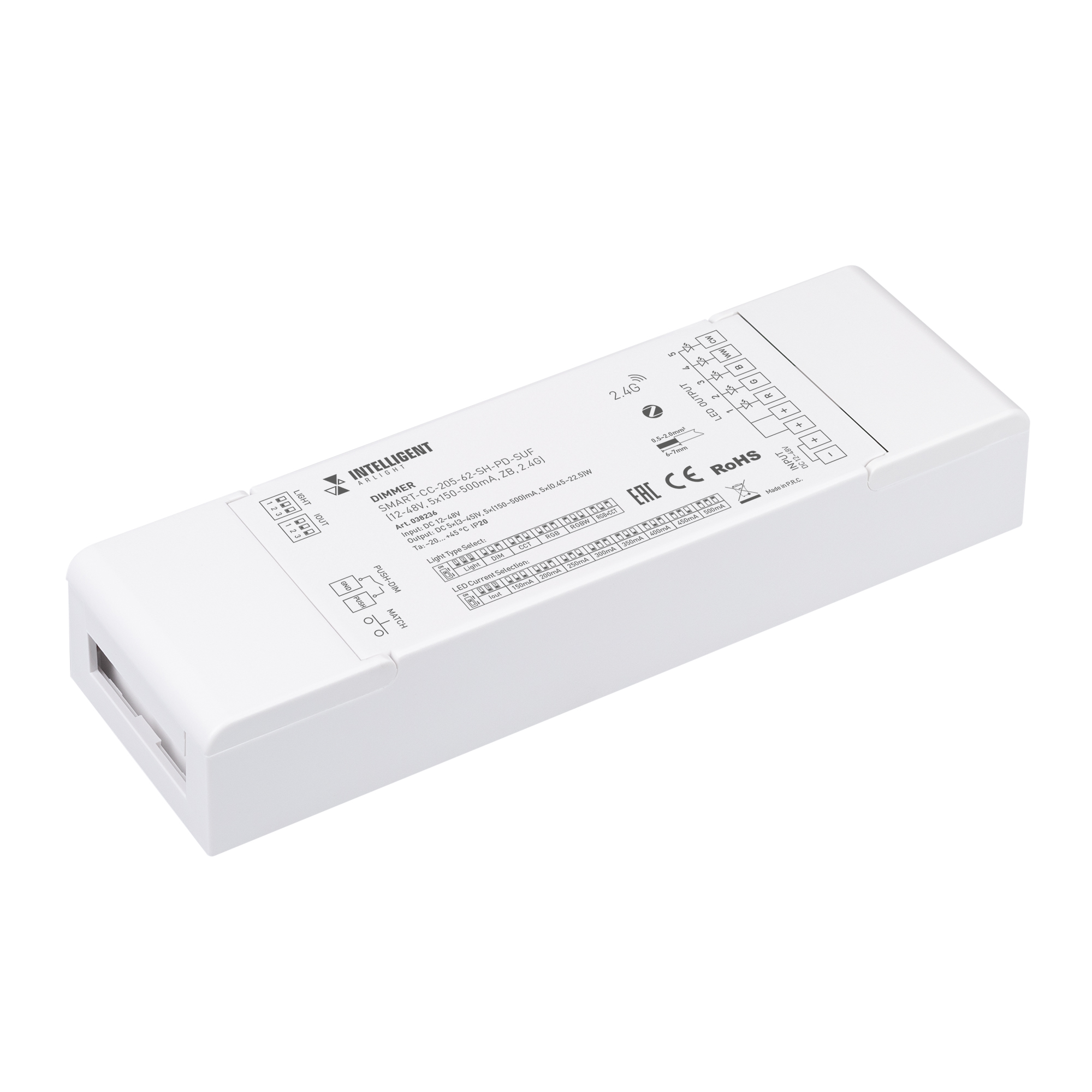 INTELLIGENT ARLIGHT Диммер SMART-CC-205-62-SH-PD-SUF (12-48V, 5x150-500mA, ZB, 2.4G) (IARL, IP20 Пластик, 5 лет)