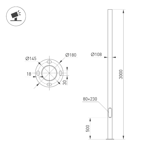 Опора фланцевая OXOR-OT1-D108-L3000 (BK) (Arlight, Сталь)