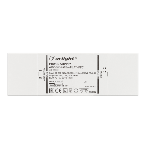 Блок питания ARV-SP-24036-FLAT-PFC (24V, 1.5A, 36W) (Arlight, IP20 Пластик, 5 лет)