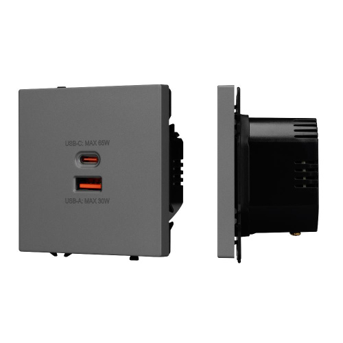 Механизм розетки с быстрой USB зарядкой SCT-NOBE-MUAC-SFPL-FC-GR (65W, QC3) (Arlight, Серый базальт)