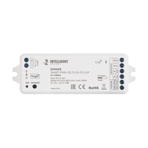 INTELLIGENT ARLIGHT Диммер SMART-PWM-102-72-SH-PD-SUF (12-36V, 2x5A, TUYA BLE, 2.4G) (IARL, IP20 Пластик, 5 лет)