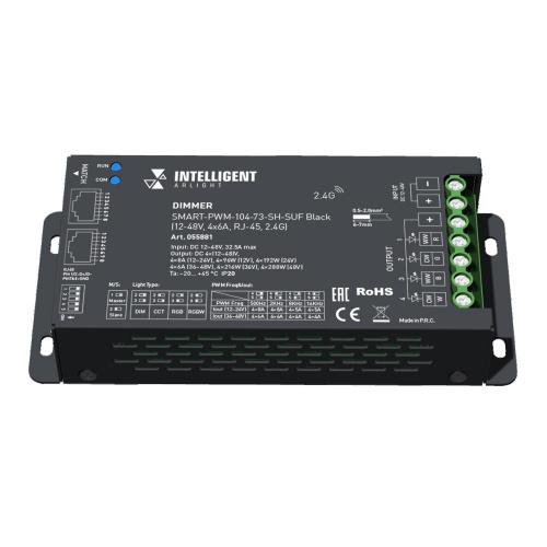 INTELLIGENT ARLIGHT Диммер SMART-PWM-104-73-SH-SUF Black (12-48V, 4x6A, RJ-45, 2.4G) (IARL, IP20 Металл, 5 лет)