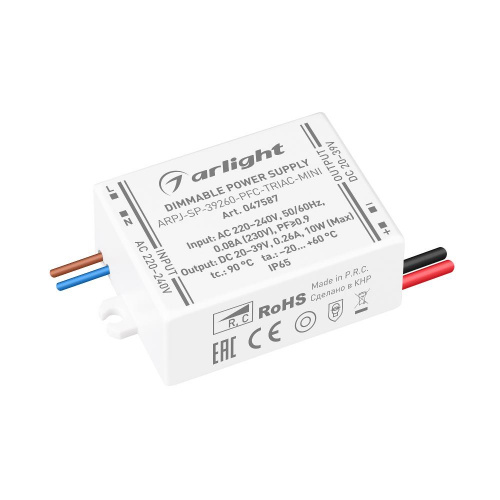 Блок питания ARPJ-SP-39260-PFC-TRIAC-MINI (10W, 20-39V, 260mA) (Arlight, IP65 Пластик, 5 лет)