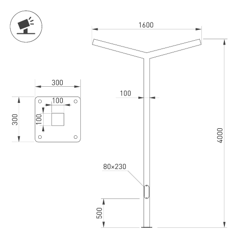 Опора OXOR-STER-Y-2000x100x100-L4000-100W Warm3000 (BK, 230V) IP65 (Arlight, Сталь)