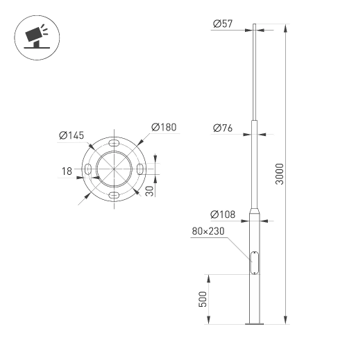 Опора фланцевая OXOR-OT3-D108-L3000 (BK) (Arlight, Сталь)