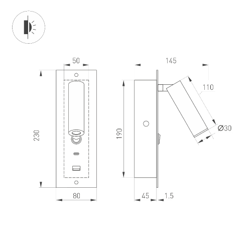 Светильник SP-BED-CHARGE-BUILT-S80x230-3W Warm3000 (WH, 20 deg, 230V, USB-A, USB-C) (Arlight, IP20 Металл, 3 года)