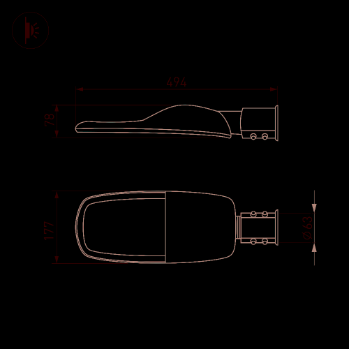 Светильник OXOR-TURI-494х177-40W Day4000 (GR, 144x75 deg, 230V) IP66 (Arlight, -)