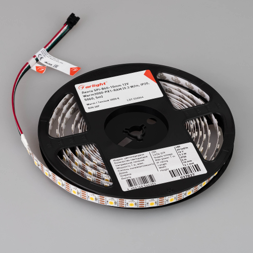 Лента SPI-B60-10mm 12V Warm3000-PX1-RAM (9.3 W/m, IP20, 5060, 5m) (Arlight, бегущий огонь)