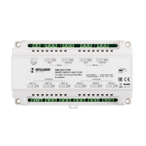 INTELLIGENT ARLIGHT Сплиттер SMART-DMX512-306-72-DIN (12-48V, 2-in, 6-out, RS-485) (IARL, IP20 Металл, 5 лет)