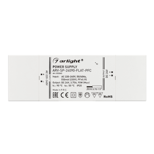 Блок питания ARV-SP-24090-FLAT-PFC (24V, 3.75A, 90W) (Arlight, IP20 Пластик, 5 лет)