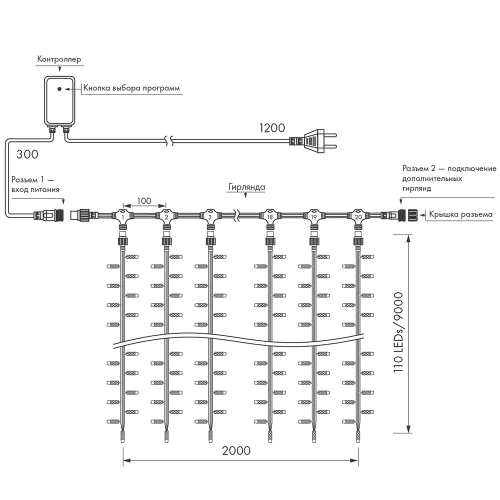 Светодиодная гирлянда ARD-CURTAIN-CLASSIC-2000x9000-CLEAR-2200LED-WATERFALL White (230V, 180W) (Ardecoled, IP65)